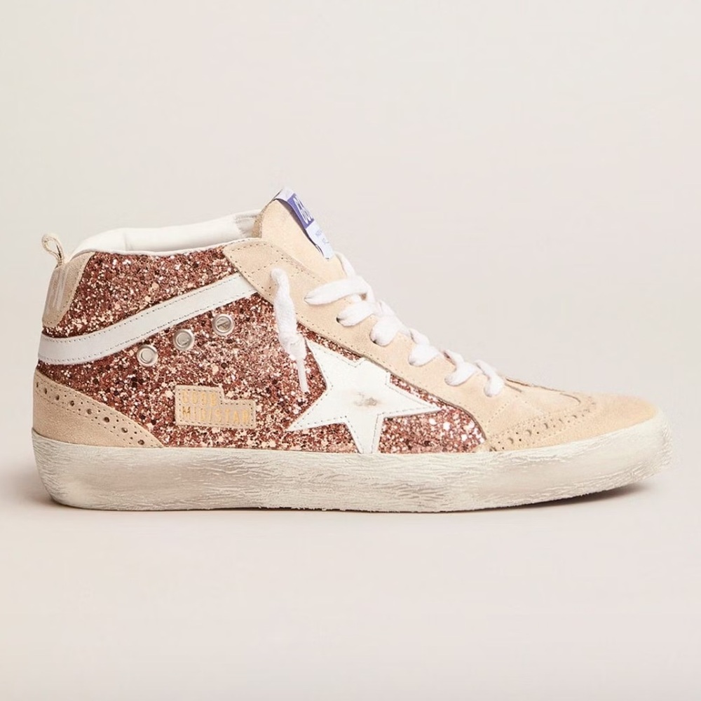 Golden Goose Women's Mid Star Sneakers Pink Glitter 38 8 classic rose gold EUC
